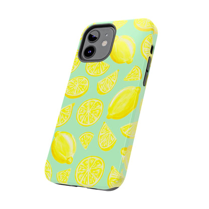 Bright Yellow Lemons Watercolor Illustrated Tossed Pattern Mint Green Tough Phone Case | Various Models