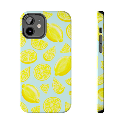 Bright Yellow Lemons Watercolor Illustrated Tossed Pattern Light Blue Tough Phone Case | Various Models