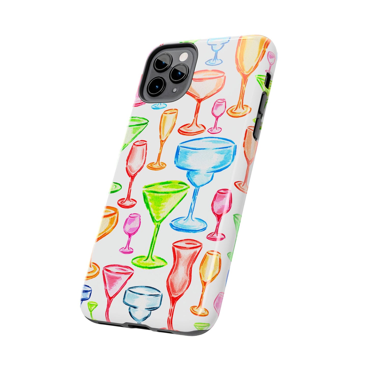 Monochromatic Margarita, Wine, Martini, and Champagne Flute Cocktail Glasses Watercolor Illustrated Tough Phone Case | Various Models Available