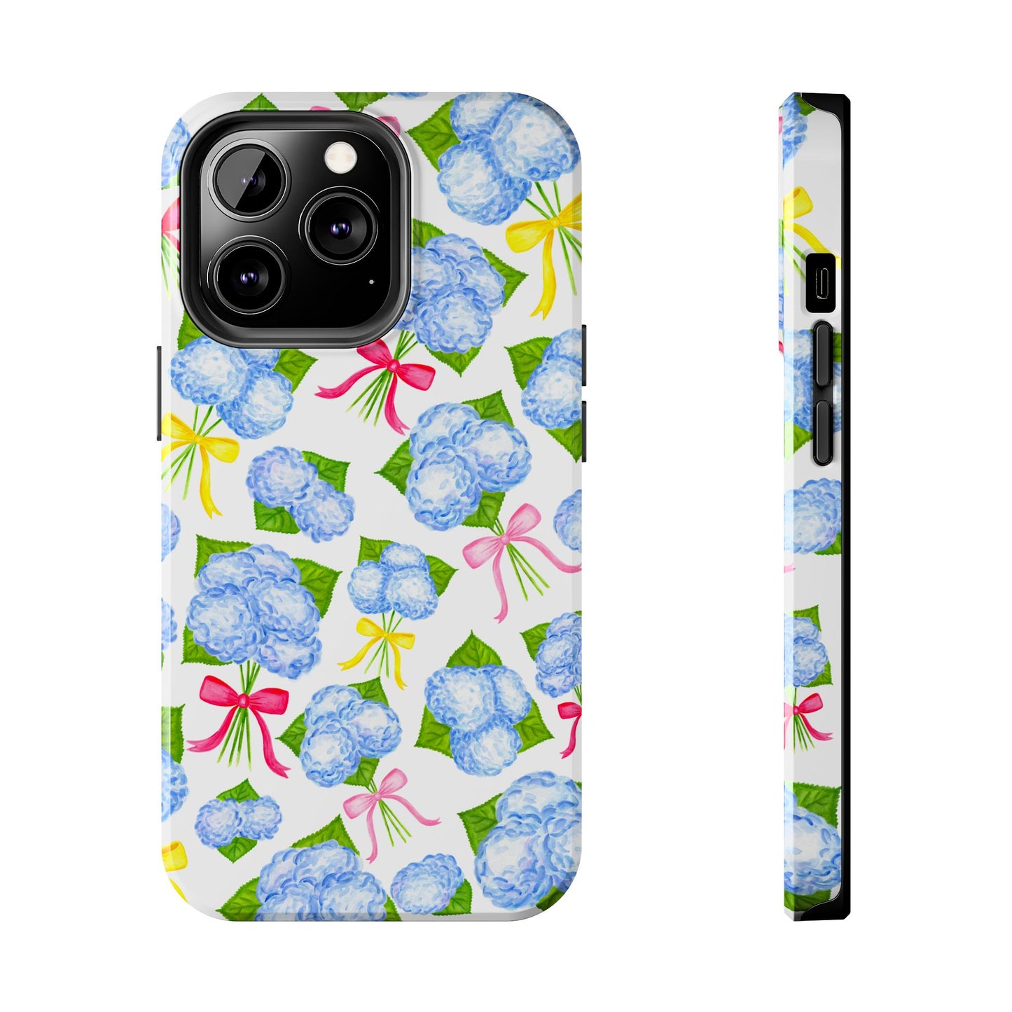 Blue Watercolor Hydrangea Bunches with Hot Pink, Yellow, Light Pink Bows Illustrated Patterned Tough Phone Case | Various Models
