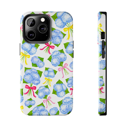 Blue Watercolor Hydrangea Bunches with Hot Pink, Yellow, Light Pink Bows Illustrated Patterned Tough Phone Case | Various Models