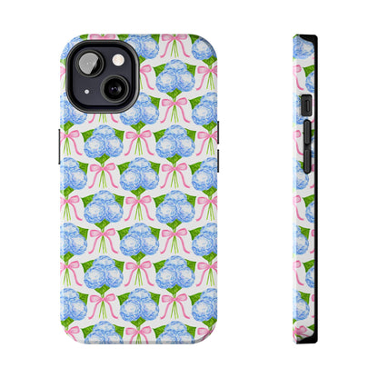 Blue Watercolor Hydrangea Bouqets with Light Pink Bows Watercolor Illustrated Patterned Tough Phone Case | Various Models