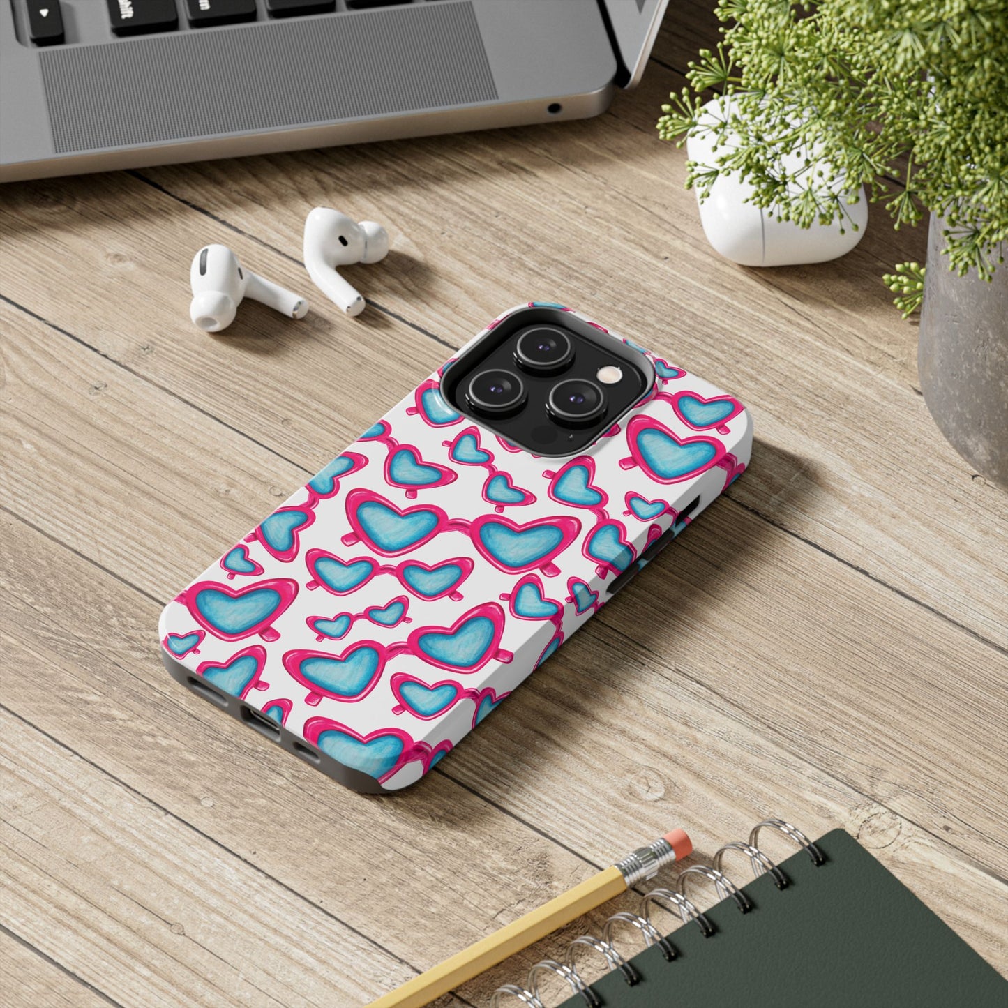 Pink & Blue Heart Shaped Sunglasses Watercolor Illustrated Tossed Pattern Tough Case | Various Models