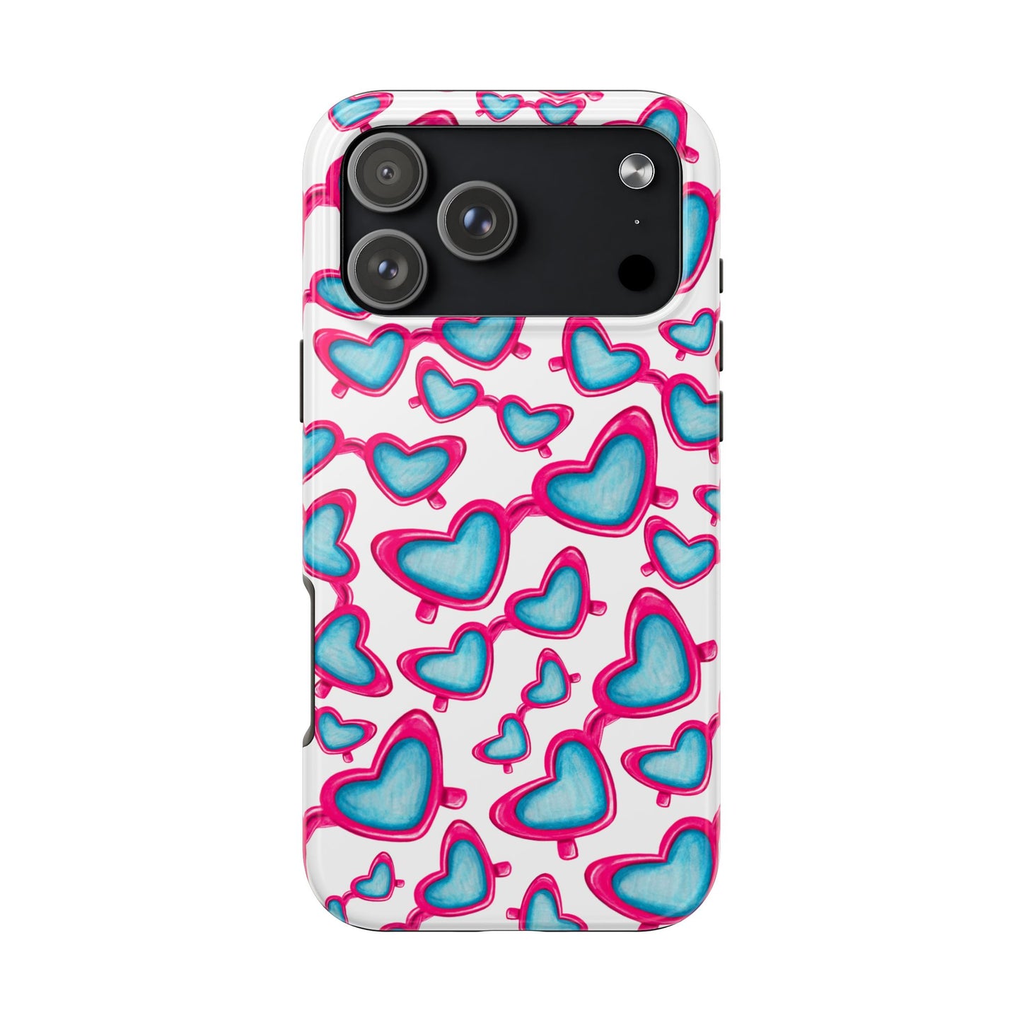 Pink & Blue Heart Shaped Sunglasses Watercolor Illustrated Tossed Pattern Tough Case | Various Models iPhone 17 Pro Max