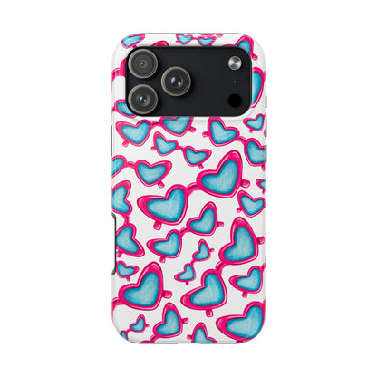 Pink & Blue Heart Shaped Sunglasses Watercolor Illustrated Tossed Pattern Tough Case | Various Models iPhone 17 Pro Max
