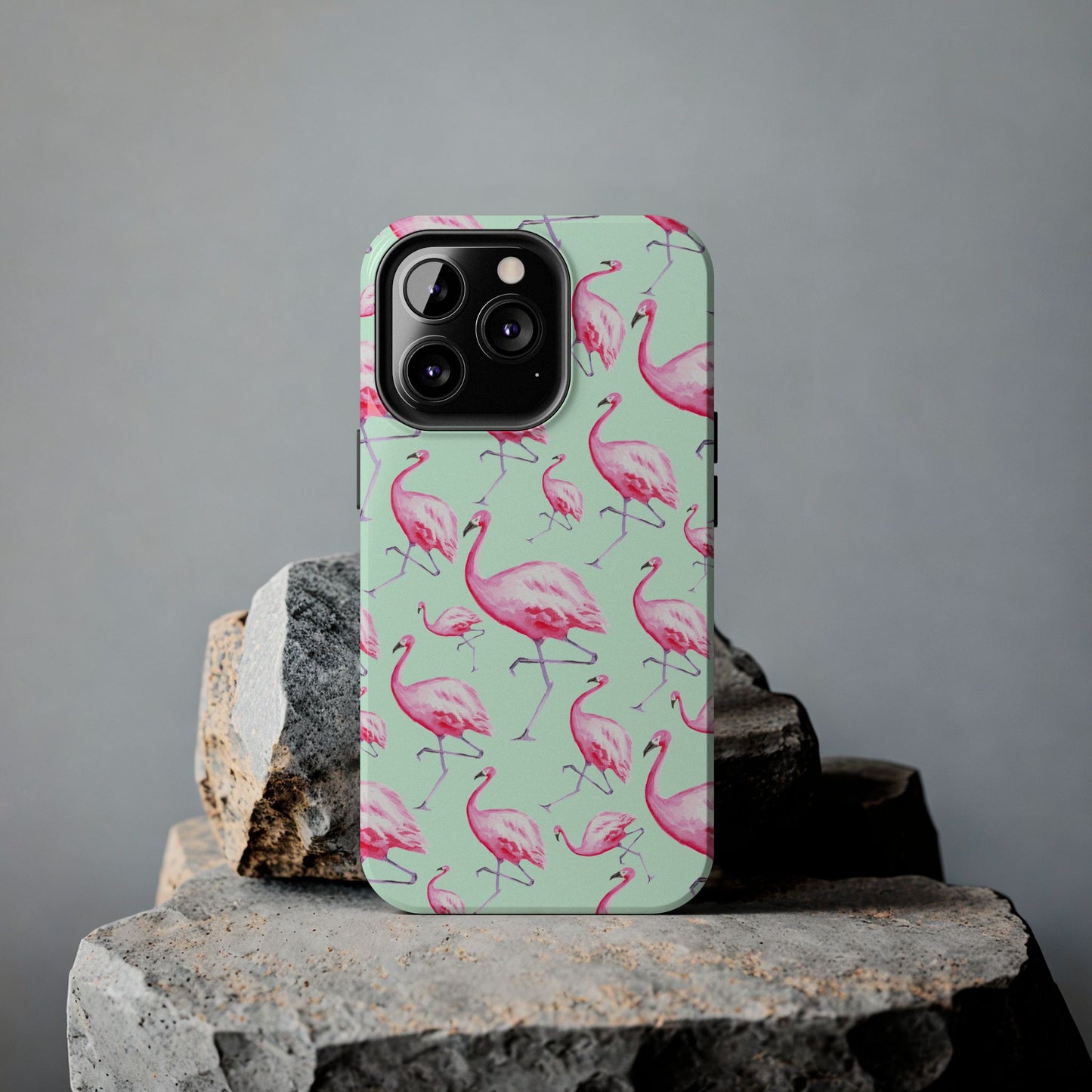 Pink Flamingos Watercolor Illustrated Tossed Pattern Green Phone Case | Various Models