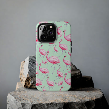 Pink Flamingos Watercolor Illustrated Tossed Pattern Green Phone Case | Various Models