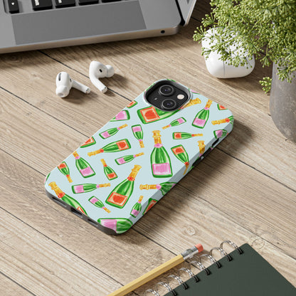 Tossed Pink and Green & Orange and Green Watercolor Illustrated Champagne Bottles Pattern Light Blue Tough Phone Case | Various Models