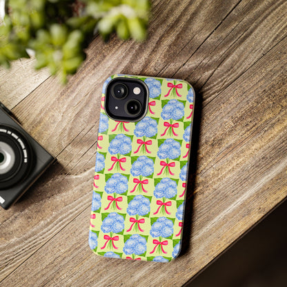 Blue Watercolor Hydrangea Bouquets with Hot Pink Bows Illustrated Patterned Yellow Preppy Grand Millenial Tough Phone Case | Various Models