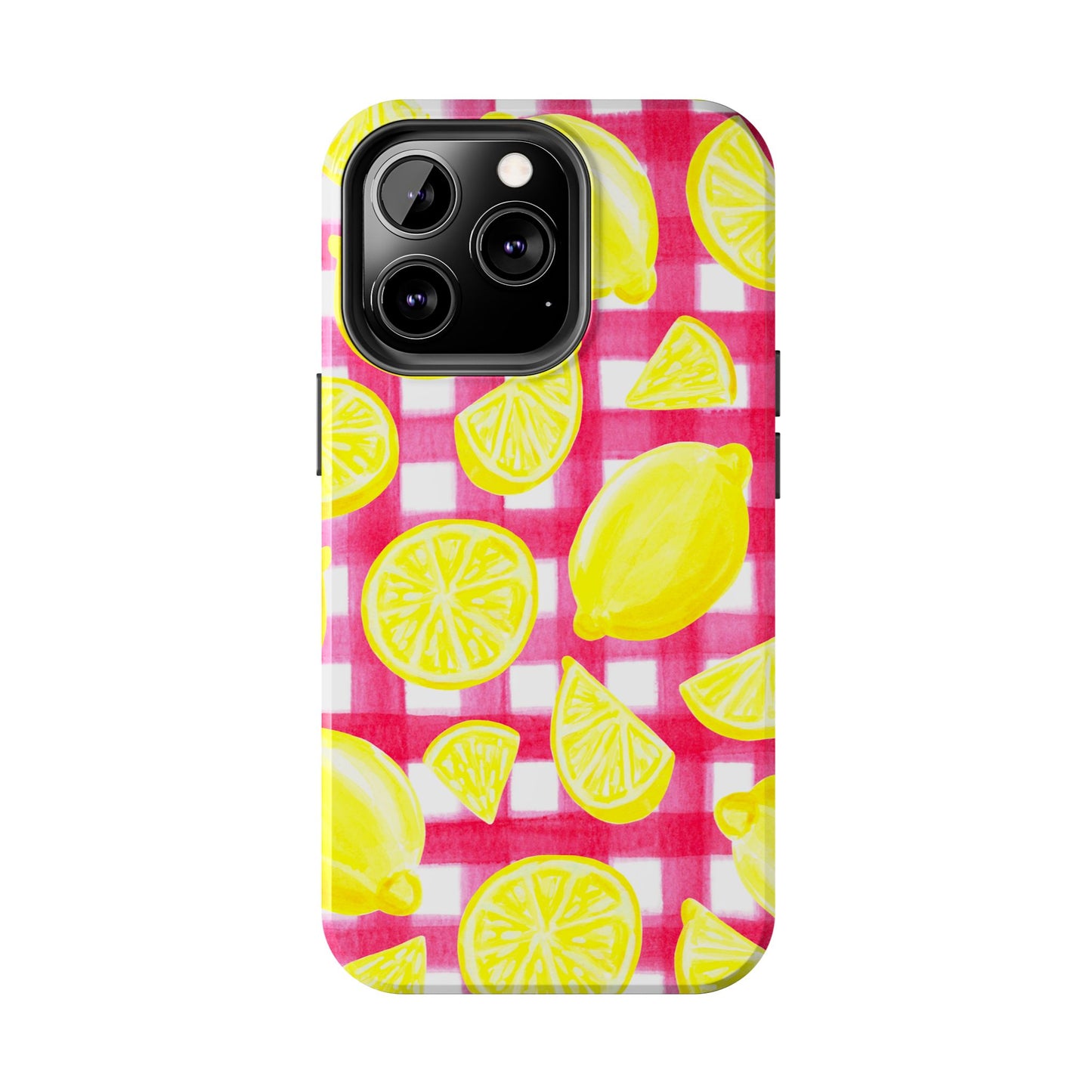 Yellow Lemons & Hot Pink Gingham Watercolor Illustrated Tough Phone Case | Various Models Available