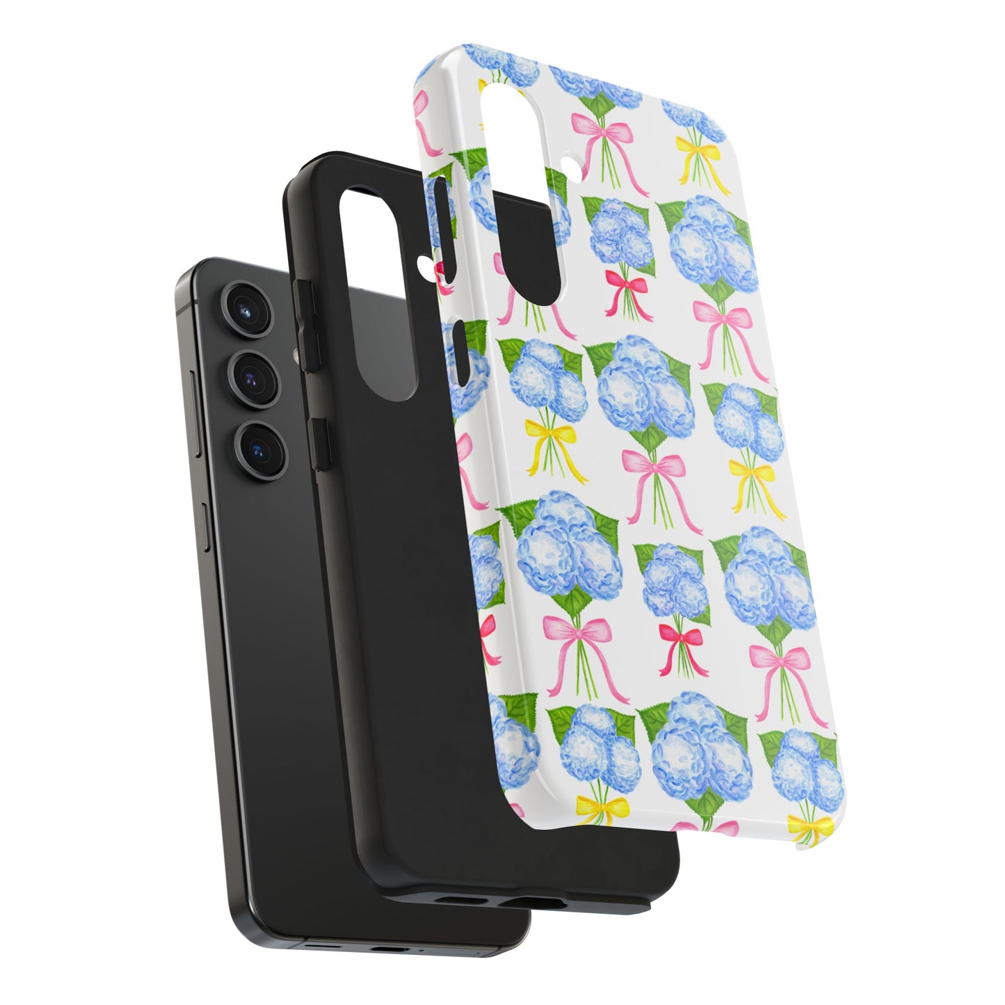 Blue Hydrangeas with Hot Pink, Yellow, Light Pink Bows Watercolor Illustrated Patterned Tough Phone Case | Various Models