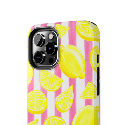 Pink Lemonade Yellow Lemons with Pink & White Watercolor Stripes Tough Phone Case