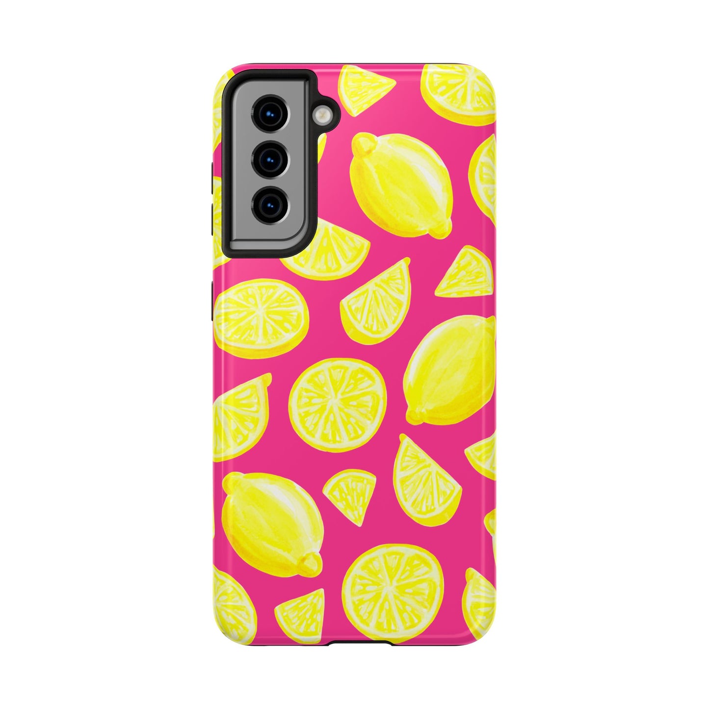 Bright Yellow Lemons Watercolor Illustrated Tossed Pattern Watermelon Pink Tough Phone Case | Various Models