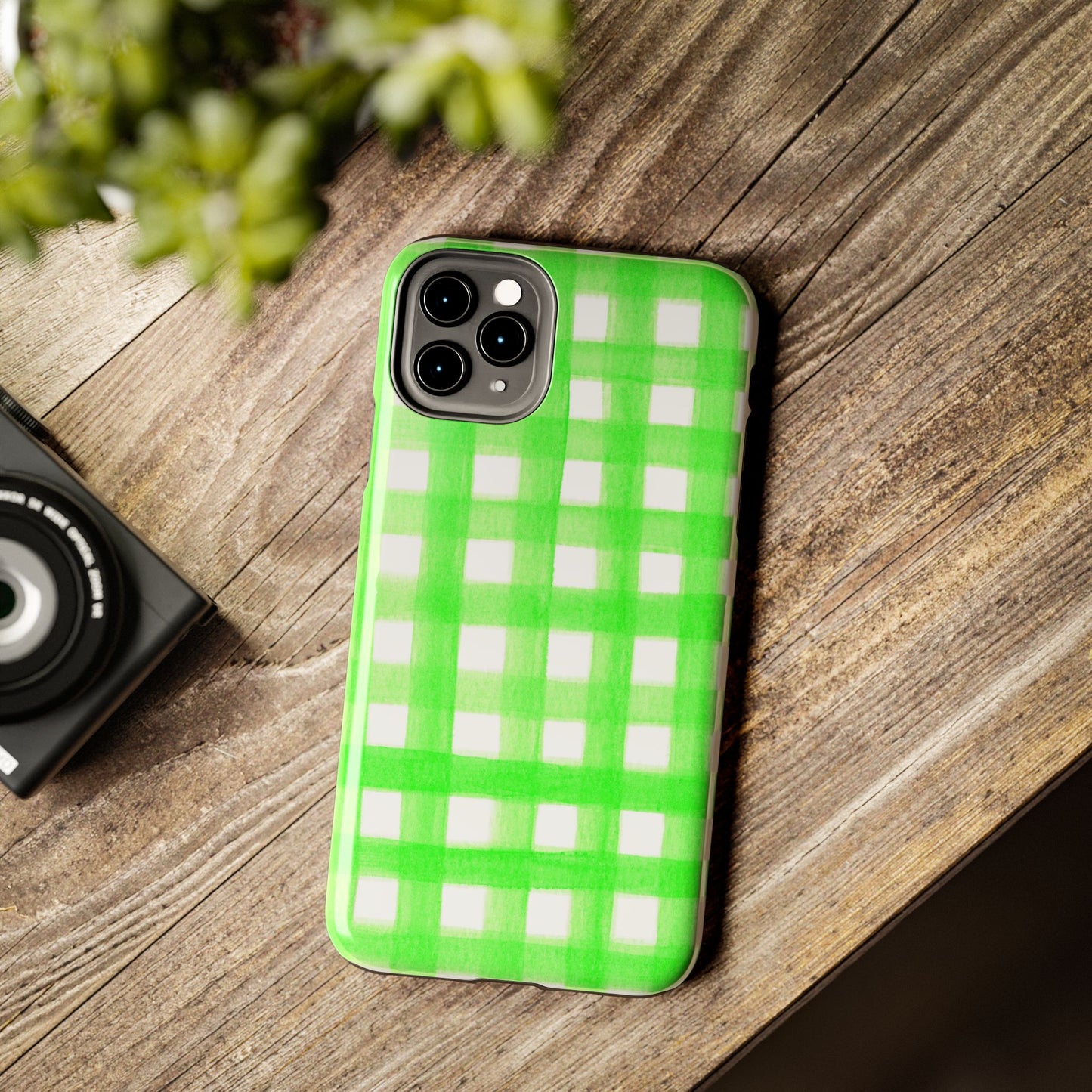 Lime Green Gingham Watercolor Illustrated Tough Phone Case | Various Models Available
