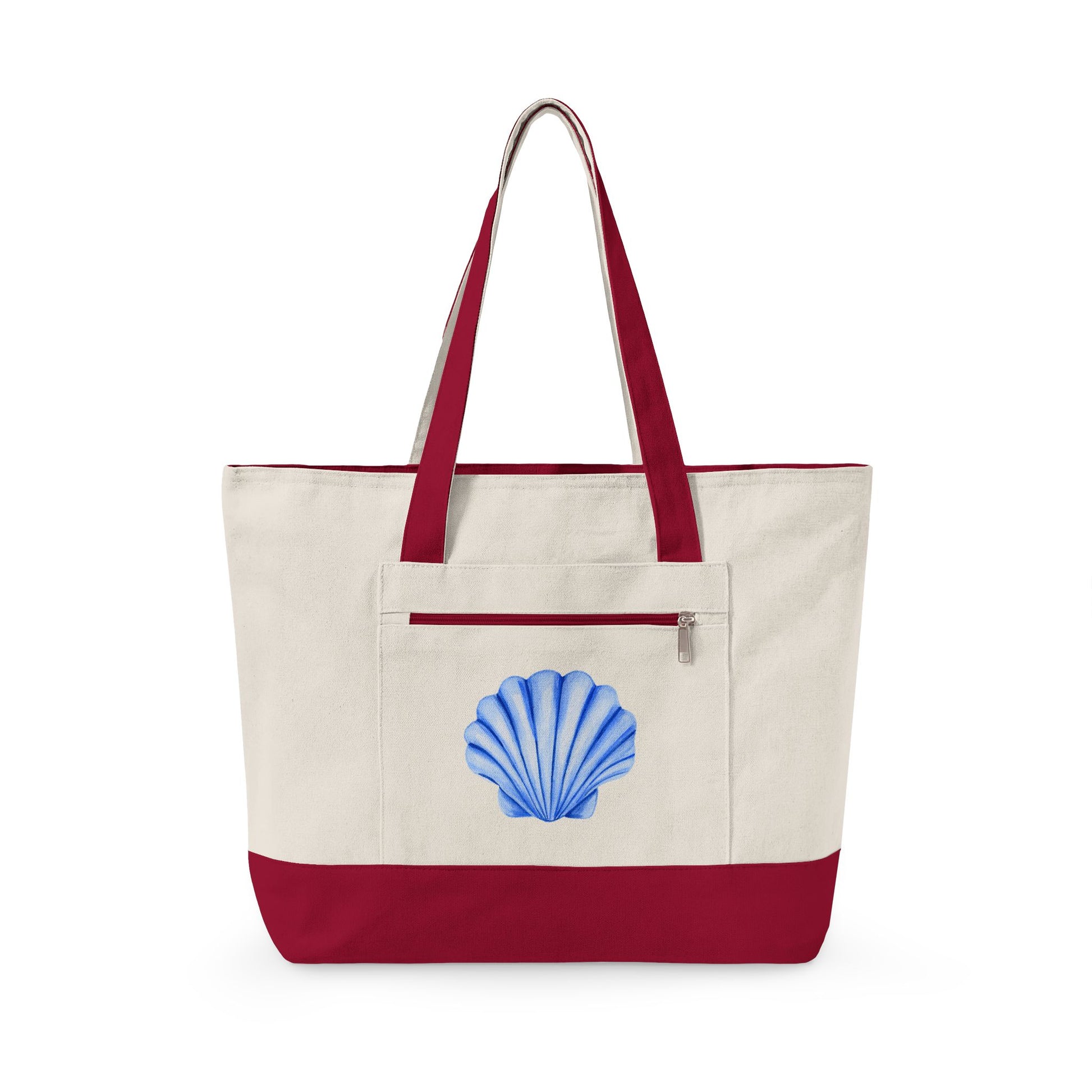 Blue Watercolor Seashell Printed Zippered Canvas Tote 18" x 14" | Various Colors 18" x 14" x 4.5" Natural Red