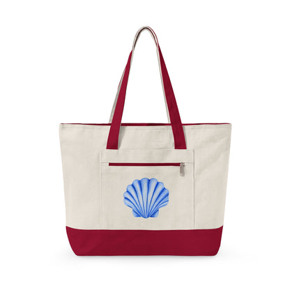 Blue Watercolor Seashell Printed Zippered Canvas Tote 18" x 14" | Various Colors 18" x 14" x 4.5" Natural Red