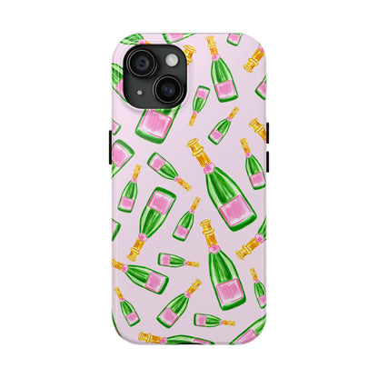 Tossed Pink and Green Watercolor Illustrated Champagne Bottles Pattern Blush Pink Tough Phone Case | Various Models