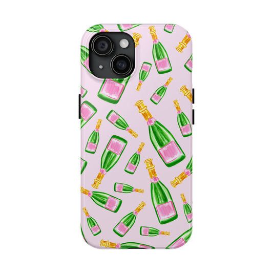 Tossed Pink and Green Watercolor Illustrated Champagne Bottles Pattern Blush Pink Tough Phone Case | Various Models iPhone 15
