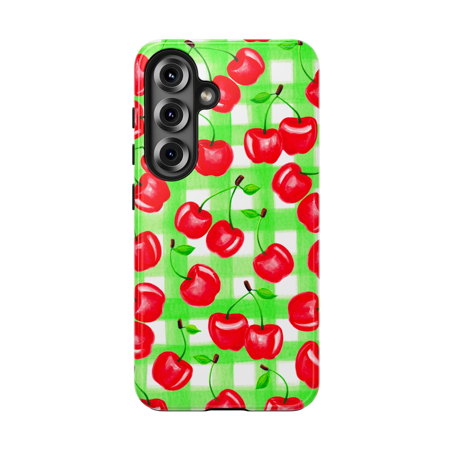 Red Tossed Cherries Green Gingham Watercolor Illustrated Tough Phone Case | Various Models Available