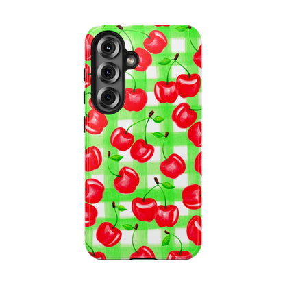 Red Tossed Cherries Green Gingham Watercolor Illustrated Tough Phone Case | Various Models Available