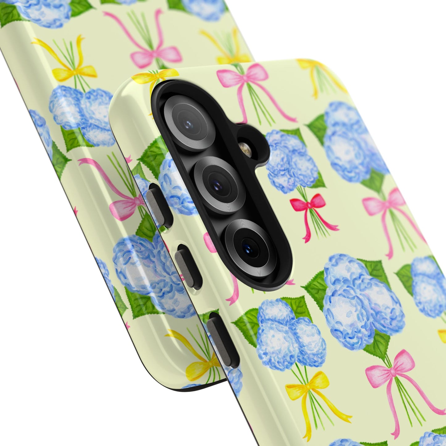 Blue Hydrangeas with Hot Pink, Yellow, Light Pink Bows Watercolor Illustrated Patterned Light Yellow Tough Phone Case | Various Models