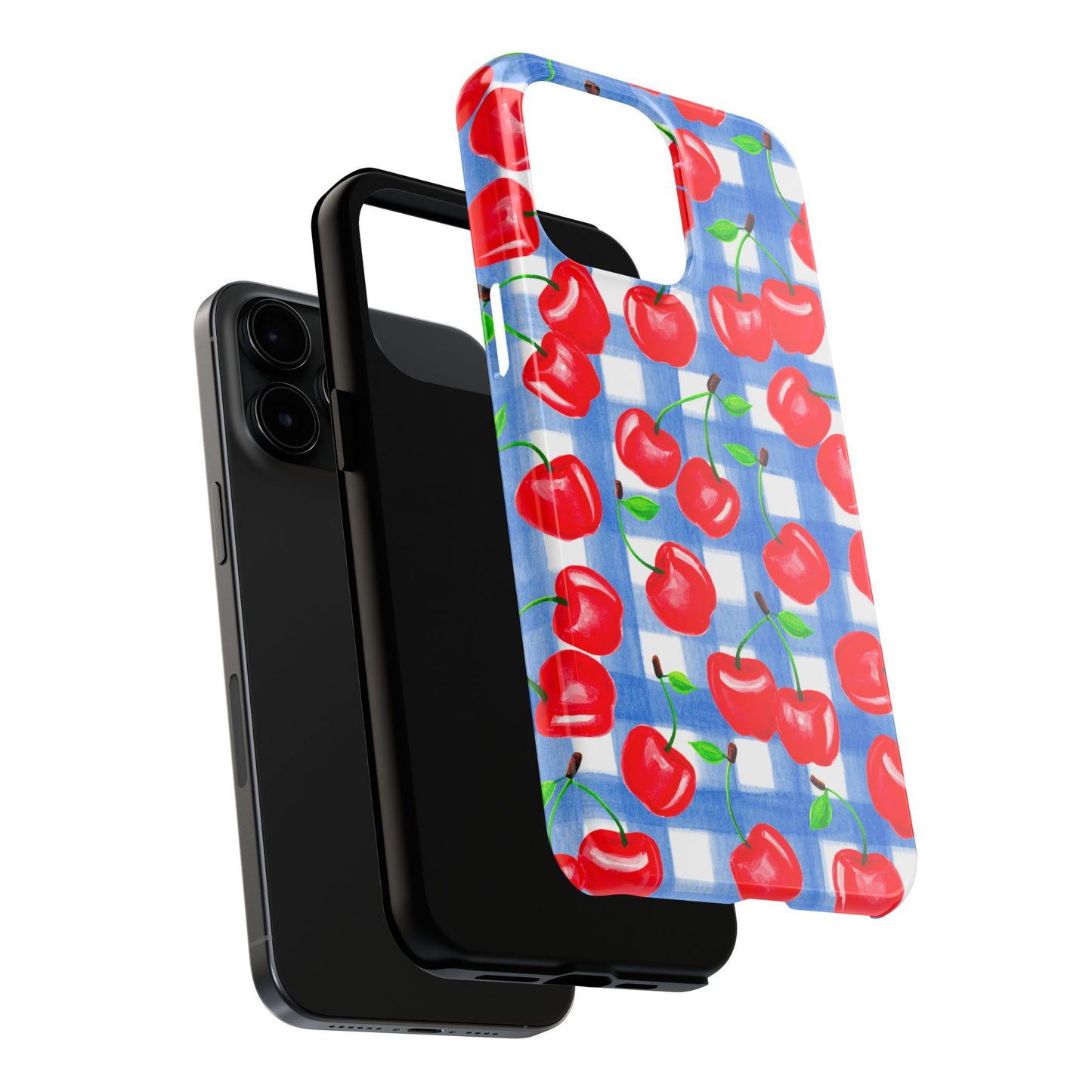 Tossed Red Cherries Blue Gingham Checkered Watercolor Illustrated Tough Phone Case | Various Models