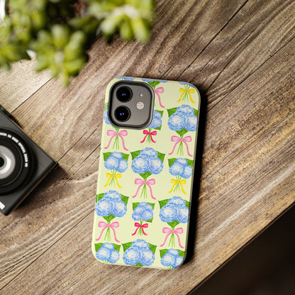 Blue Hydrangeas with Hot Pink, Yellow, Light Pink Bows Watercolor Illustrated Patterned Light Yellow Tough Phone Case | Various Models