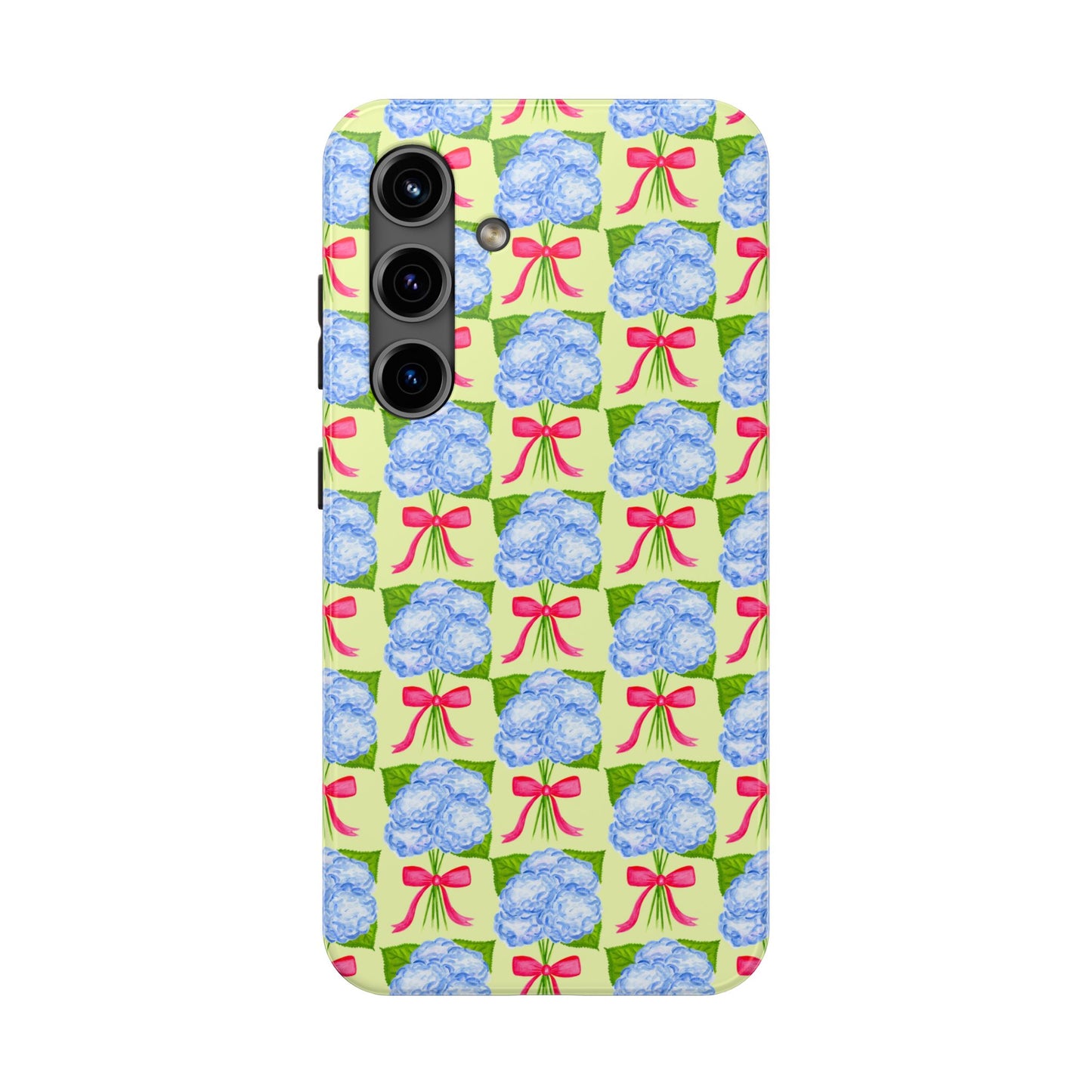 Blue Watercolor Hydrangea Bouquets with Hot Pink Bows Illustrated Patterned Yellow Preppy Grand Millenial Tough Phone Case | Various Models