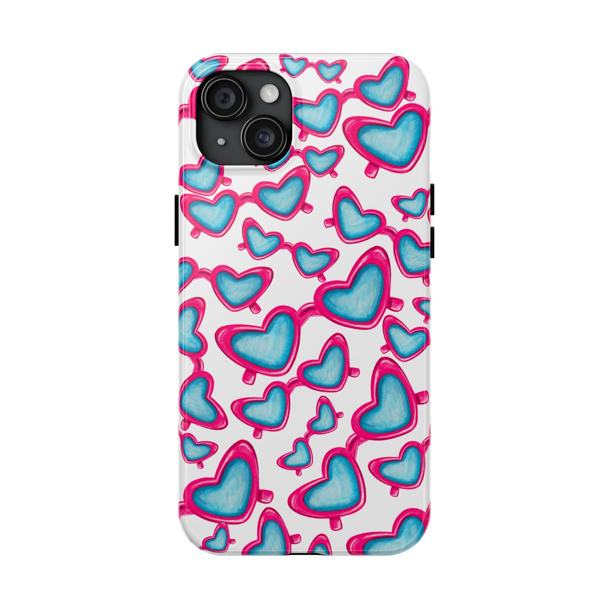Pink & Blue Heart Shaped Sunglasses Watercolor Illustrated Tossed Pattern Tough Case | Various Models iPhone 15 Plus