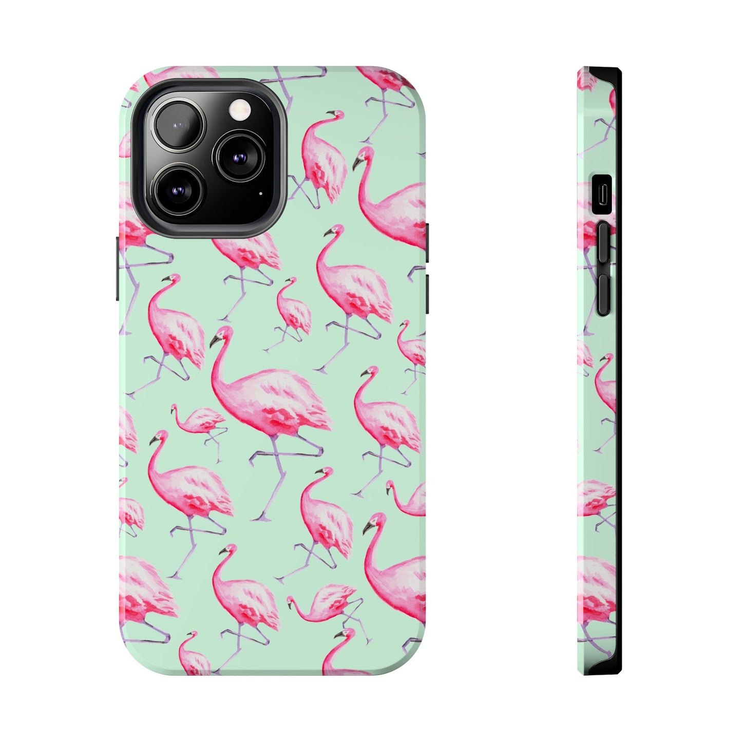 Pink Flamingos Watercolor Illustrated Tossed Pattern Green Phone Case | Various Models iPhone 13 Pro Max