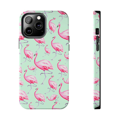 Pink Flamingos Watercolor Illustrated Tossed Pattern Green Phone Case | Various Models iPhone 13 Pro Max