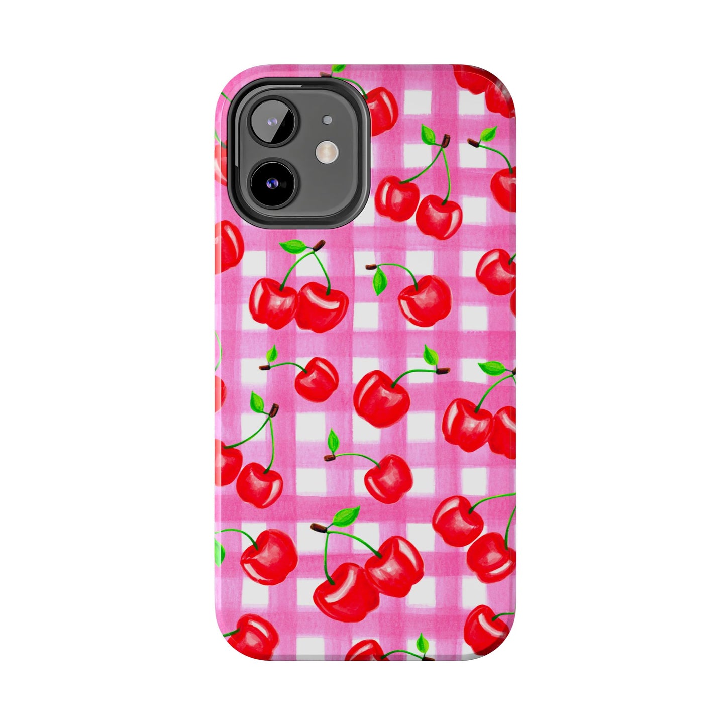 Tossed Red Watercolor Cherries Illustrated Pattern Light Pink Gingham Tough Phone Case | Various Models