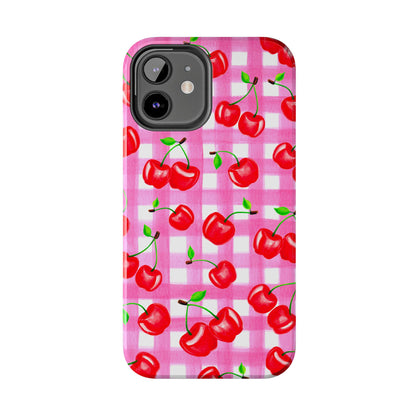 Tossed Red Watercolor Cherries Illustrated Pattern Light Pink Gingham Tough Phone Case | Various Models