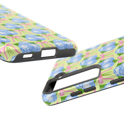 Blue Watercolor Hydrangea Bouquets with Light Pink Bows Watercolor Illustrated Patterned Yellow Tough Phone Case | Various Models