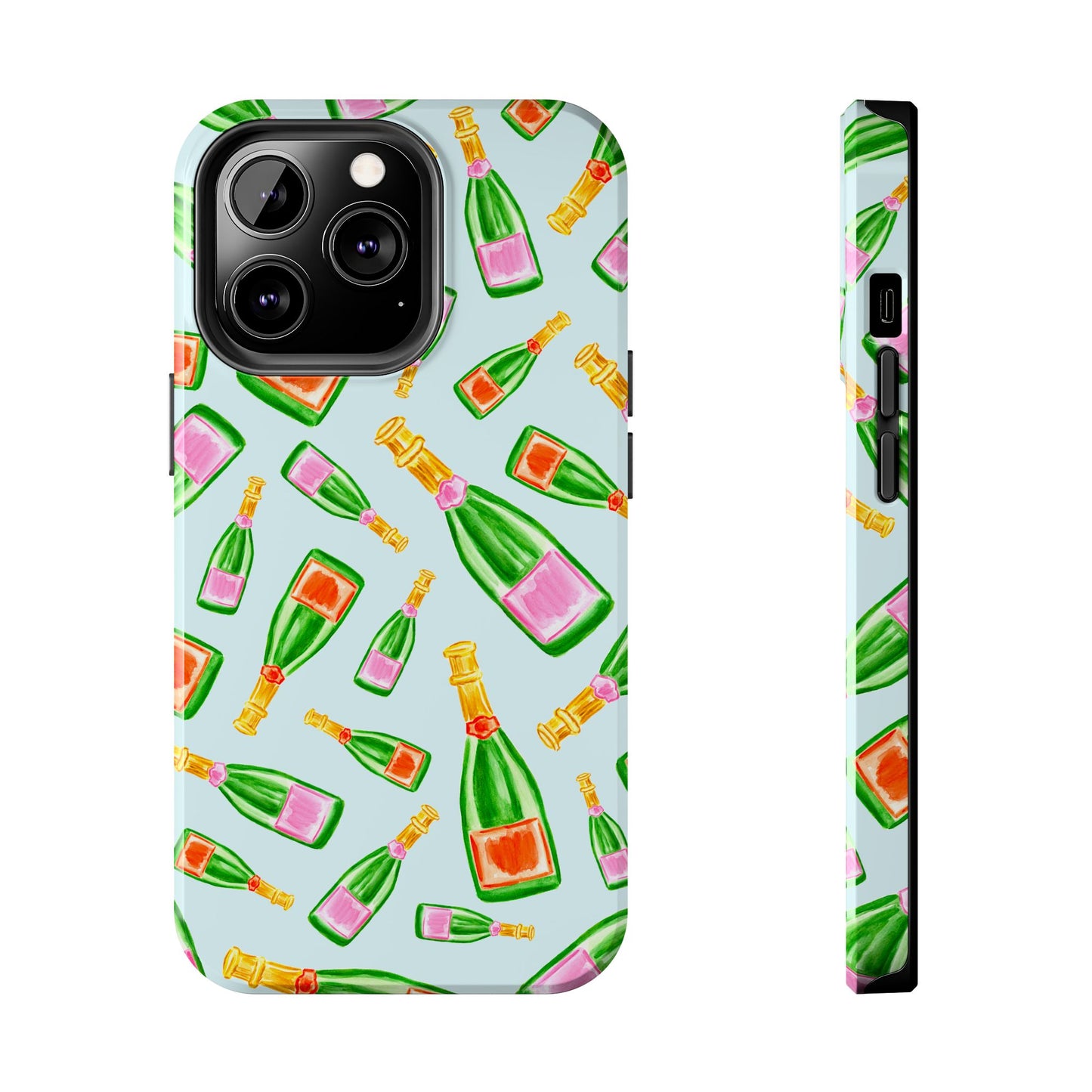 Tossed Pink and Green & Orange and Green Watercolor Illustrated Champagne Bottles Pattern Light Blue Tough Phone Case | Various Models