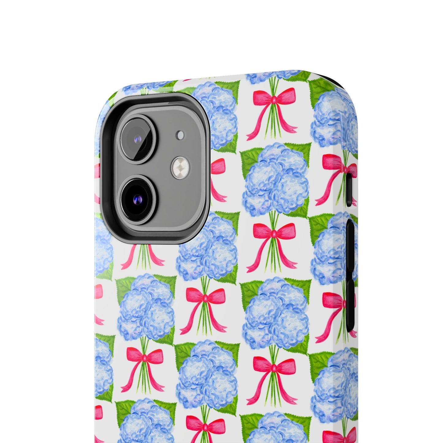 Blue Watercolor Hydrangea Bouquets with Hot Pink Bows Illustrated Patterned Tough Phone Case | Various Models
