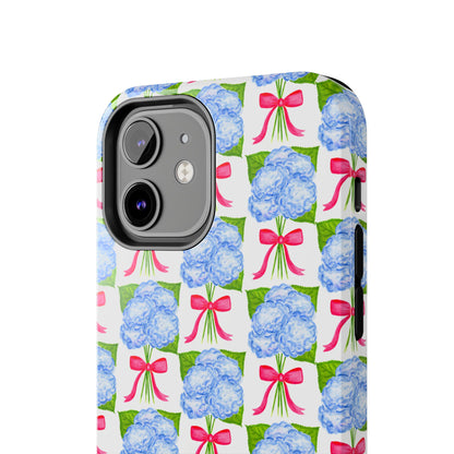 Blue Watercolor Hydrangea Bouquets with Hot Pink Bows Illustrated Patterned Tough Phone Case | Various Models