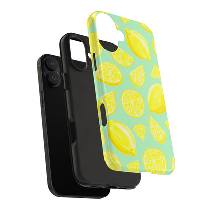 Bright Yellow Lemons Watercolor Illustrated Tossed Pattern Mint Green Tough Phone Case | Various Models