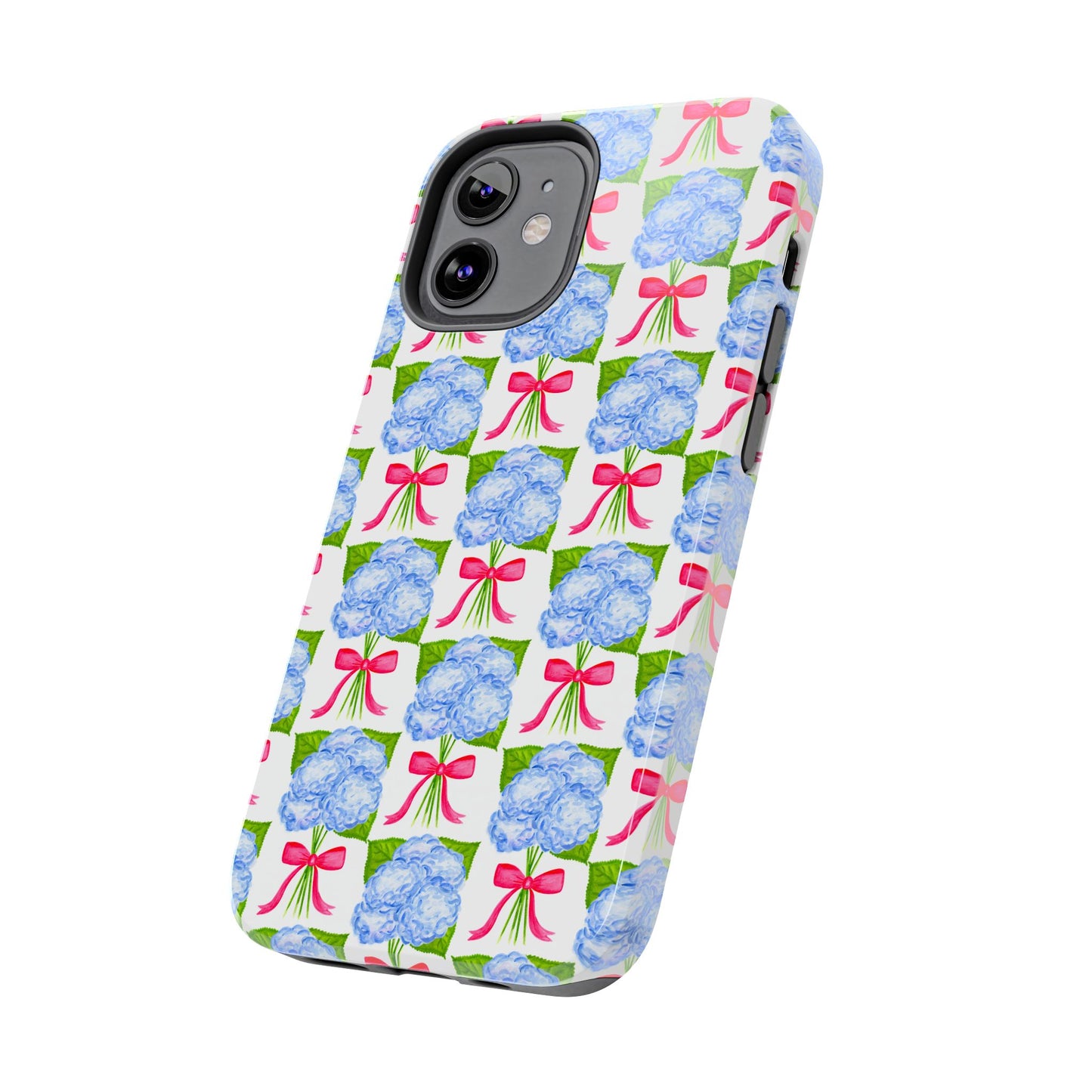 Blue Watercolor Hydrangea Bouquets with Hot Pink Bows Illustrated Patterned Tough Phone Case | Various Models