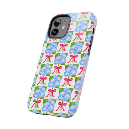 Blue Watercolor Hydrangea Bouquets with Hot Pink Bows Illustrated Patterned Tough Phone Case | Various Models