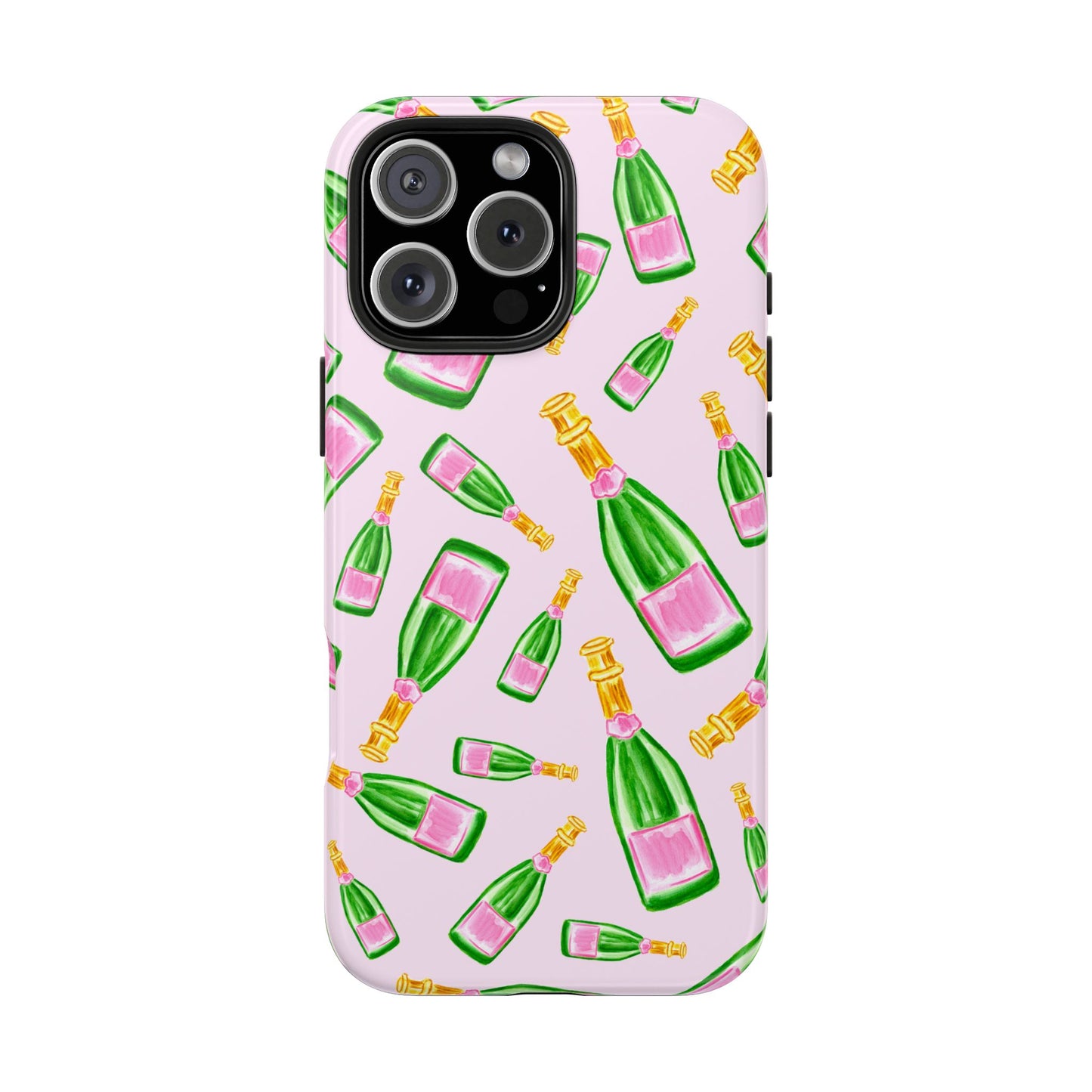 Tossed Pink and Green Watercolor Illustrated Champagne Bottles Pattern Blush Pink Tough Phone Case | Various Models
