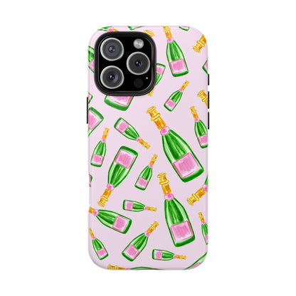 Tossed Pink and Green Watercolor Illustrated Champagne Bottles Pattern Blush Pink Tough Phone Case | Various Models