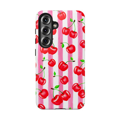 Tossed Red Watercolor Cherries Illustrated Pattern Light Pink Stripes Tough Phone Case | Various Models