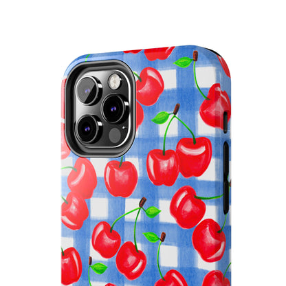 Tossed Red Cherries Blue Gingham Checkered Watercolor Illustrated Tough Phone Case | Various Models