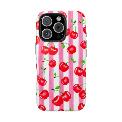Tossed Red Watercolor Cherries Illustrated Pattern Light Pink Stripes Tough Phone Case | Various Models