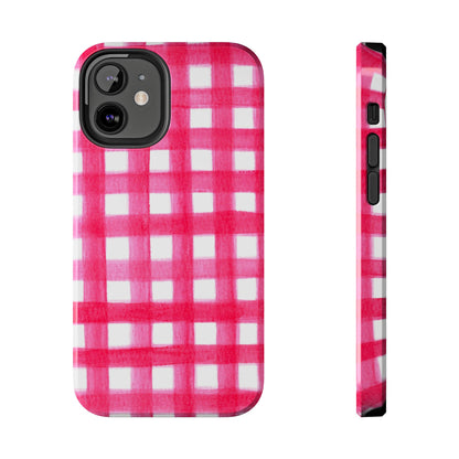 Hot Pink Gingham Watercolor Preppy Tough Phone Case | Various models iPhone 12 Mini