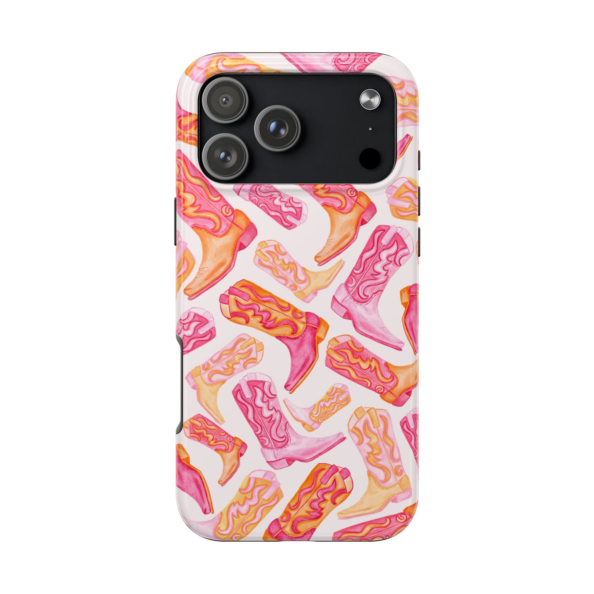 Tossed Hot Pink & Orange Watercolor Cowboy Boots Tough Light Pink Phone Case | Various Models Available iPhone 17 Pro Max