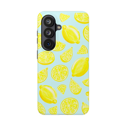 Bright Yellow Lemons Watercolor Illustrated Tossed Pattern Light Blue Tough Phone Case | Various Models
