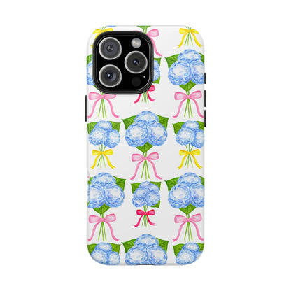 Blue Hydrangeas with Hot Pink, Yellow, Light Pink Bows Watercolor Illustrated Patterned Tough Phone Case | Various Models