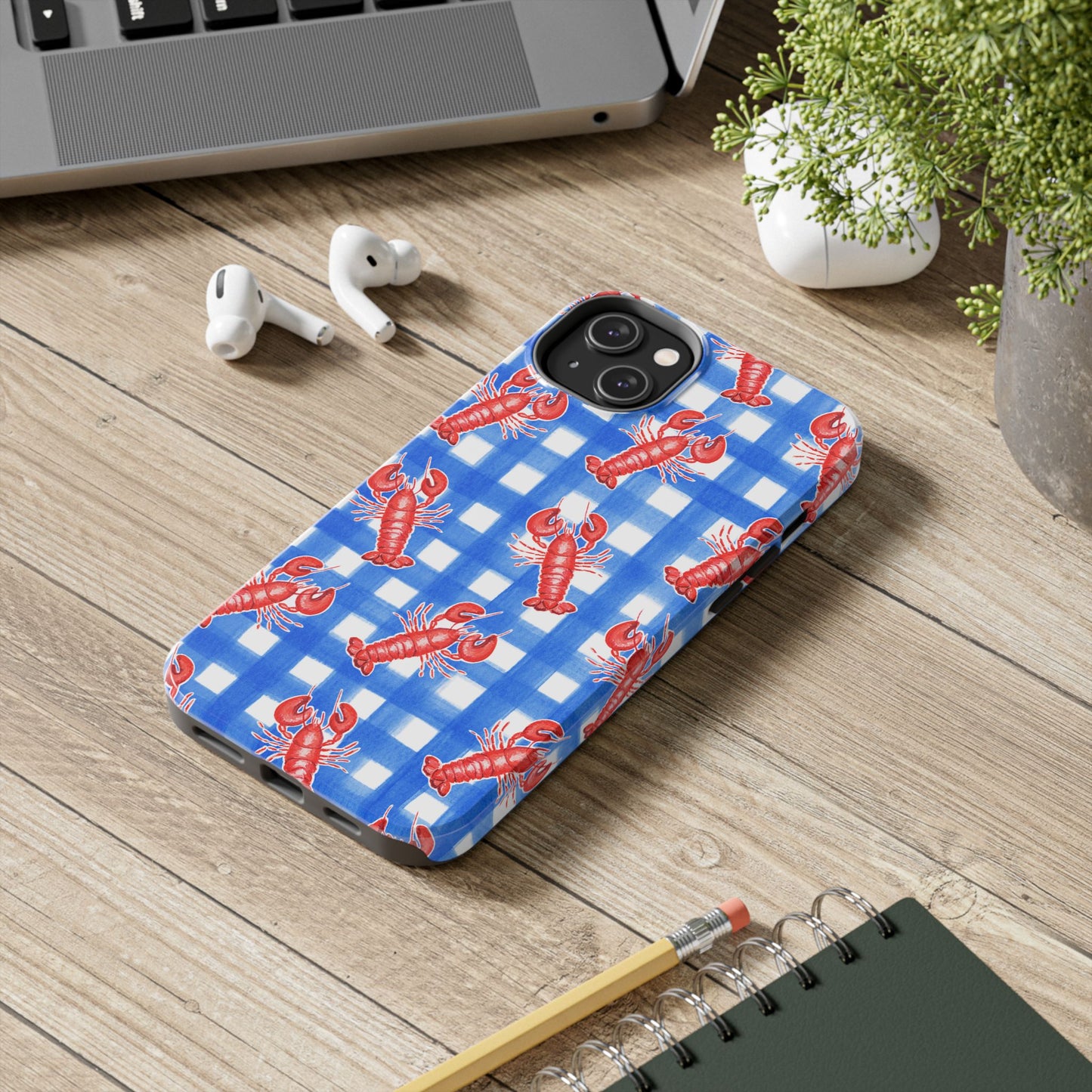 Blue Gingham Red Lobster Watercolor Patterned Phone Case | Various Models